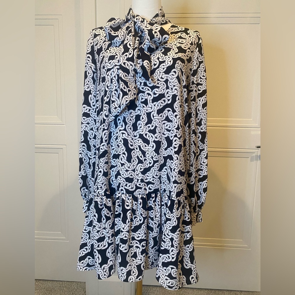 Diane Von Furstenberg NWT Chain Print Tie Neck Midi Dress XS Oversized $428 MSRP
